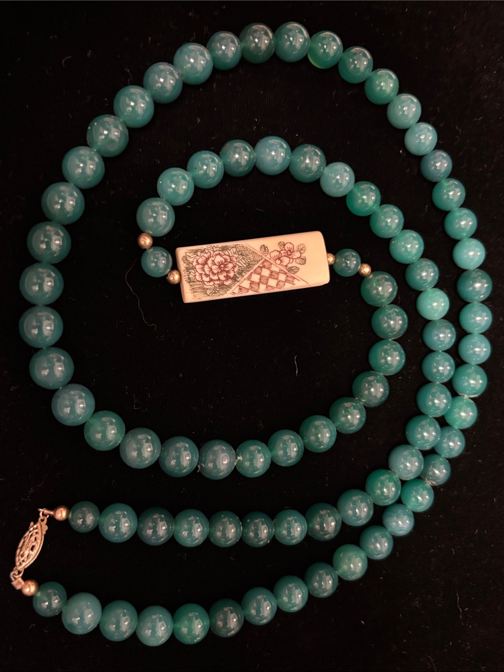 Natural Stone Beaded Necklace with Carved Floral Accent Bead